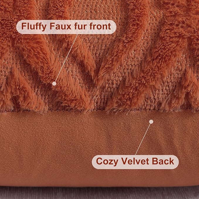 decorUhome Fall Throw Pillow Covers 24x24 Inch Set of 2, Soft Plush Decorative Faux Fur Rust Solid Couch Pillow Covers, Accent Farmhouse Neutral Square Euro Pillow Cases for Sofa Bed Living Room