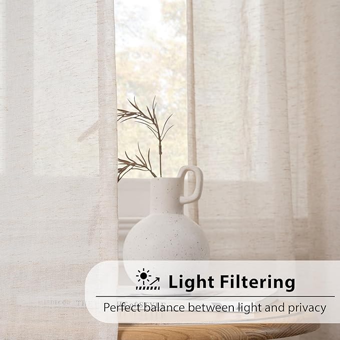 FMFUNCTEX Linen Sheer Curtains for Bedroom, Taupe Curtains 63 Inch Length for Living Room, Brown Farmhouse French Flax Blend Window Draperies, Rod Pocket 2 Panels Set