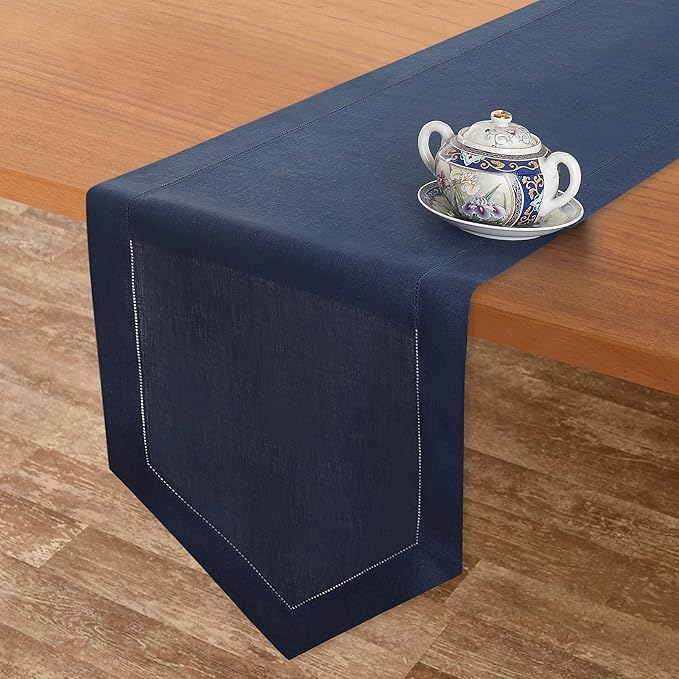 D'Moksha Homes Navy Blue Linen Table Runner 120 Inches Long - 100% Pure Linen Diamond Table Runner 14 x 120 Inch for Dining, Fall and Halloween - Machine Washable