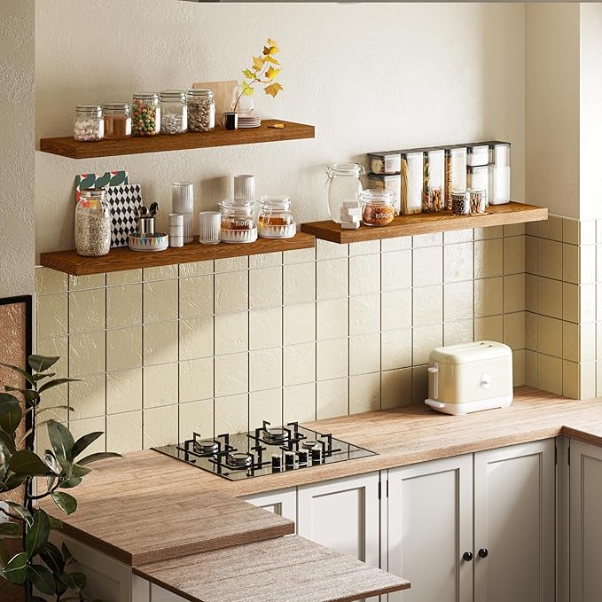 BAMEOS Floating Shelves,40 in W x 8in D Wall Mounted Wooden Shelves with Invisible Brackets Set of 3, Hanging Wall Shelves Decoration for Bedroom, Bathroom, Living Room and Kitchen