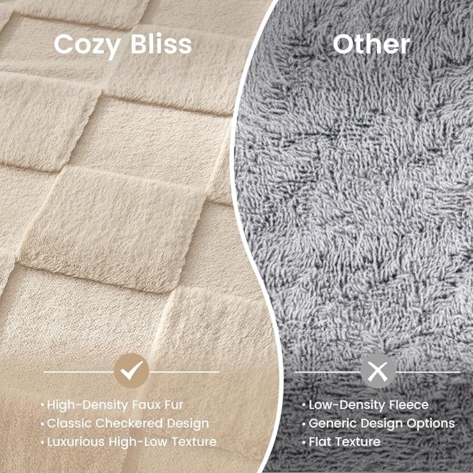 Cozy Bliss Tan Checkered Faux Rabbit Fur Throw Blanket, Soft Fuzzy Fluffy Minky Furry Blankets for Couch, Bed (50 * 60 Inches Beige)