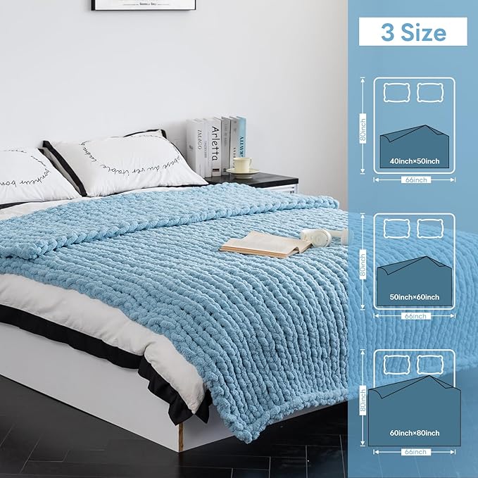 Chunky Knit Blanket - Luxury Soft Cozy 50 * 60 Throw Blanket,100% Woven Blanket Rope Knot Throw Blanket for Couch, Sofa, Home Decor, Gift - Machine Washable（Light Blue）