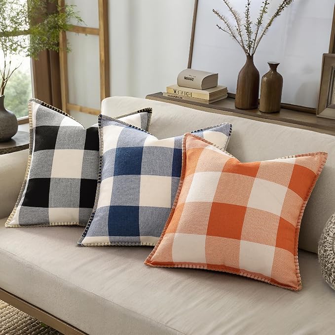 decorUhome Fall Orange and White Decorative Throw Pillow Covers 22x22 Set of 2, Buffalo Plaid Check Farmhouse Cushion Covers with Stitched Edge for Autumn Harvest Couch Sofa Bed Home Decor