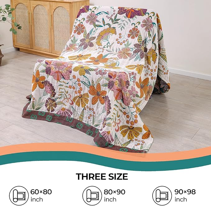 Boho Rustic Throw Blanket,100% Cotton Soft Vintage Bed Throw Blankets Floral Farmhouse Decor Throws,Reversible Throw for Sofa Couch, 60"×80" for All Seasons -White