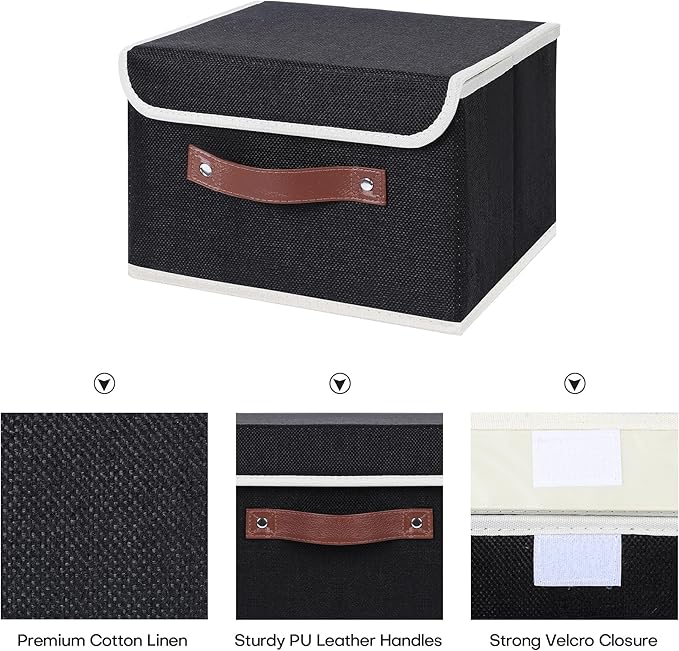 ANMINY 4PCS Storage Bins with Lid PU Leather Handles Storage Boxes PP Plastic Board Decorative Foldable Lidded Cotton Linen Fabric Home Cubes Baskets Closet Organizer Containers - Black, Small Size