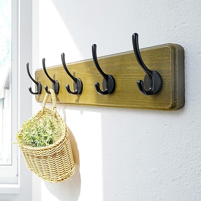 Dseap Coat Rack Wall: Patented, Heavy-Duty, 5-Double-Hooks Wooden Wall Mounted Coat Rack Coat Hanger Hook Rail for Winter Coats Hat Jacket Clothing, Weathered Green