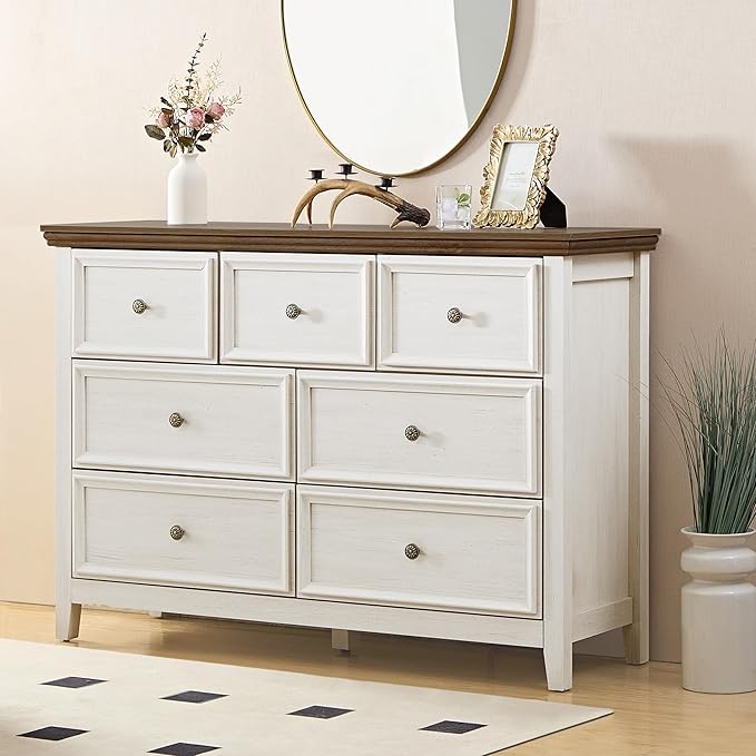 BLANKSPACE 7 Drawer Dresser, Modern Farmhouse Dresser Chest of Drawer for Bedroom, Chest of Drawers Storage Cabinet for Living Room, Entryway, Hallway, Antique White