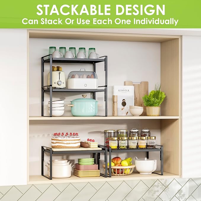 2 Pack Kitchen Countertop Organizer, Stackable Cabinet Shelf Organizer, 2 Tier Adjustable Kitchen Counter Shelves Riser For Pantry Cupboard Bathroom Organization And Storage, Desk Shelf,Spice Rack
