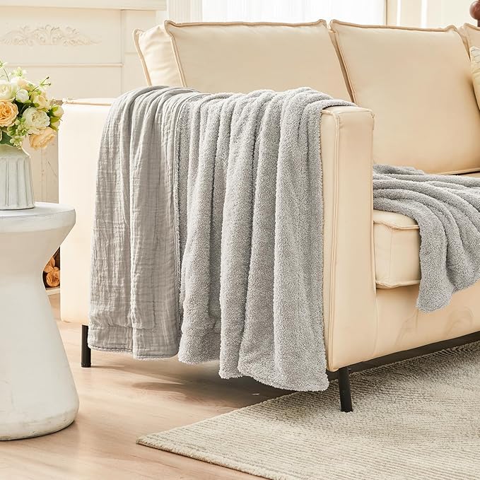 EMME Muslin and Fleece Throw Blanket Reversible - 50"*60" Grey Soft Warm Throw Blankets for Couch Bed Picnic Travel Bed