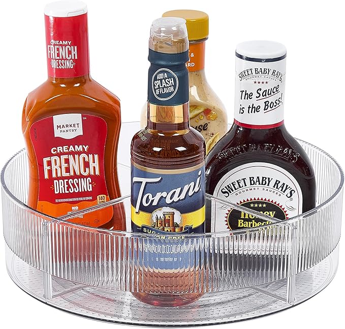 FreshKeeper Plastic Lazy Susan Organizer, Clear Pantry Lazy Susan Turntable for Cabinet and Kitchen 11’’ with Removable Dividers
