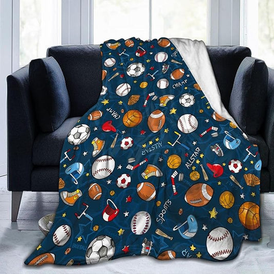 Baseball Football Basketball Sport Theme Throw Blanket 60x50 Inch Soft Fleece Blanket Men Women Gift for Kids Boys Girls for Party Couch Sofa Bed Deco Blankets