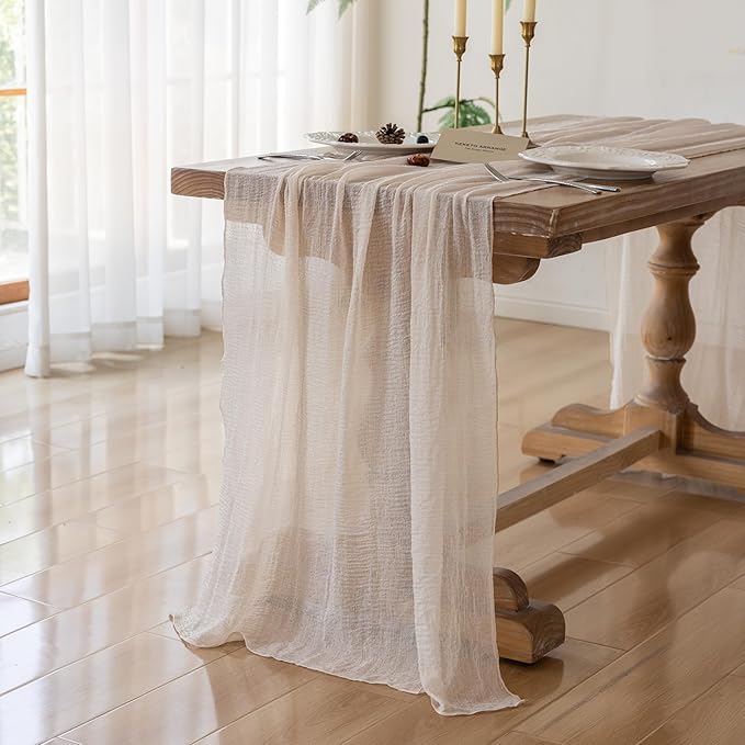 Beige Gauze Rustic Cheesecloth Table Runner 120 Inch 10 FT for Wedding Baby Shower Bridal Shower Birthday Engagement Garden Outdoor Party Long Sheer Boho Decorations