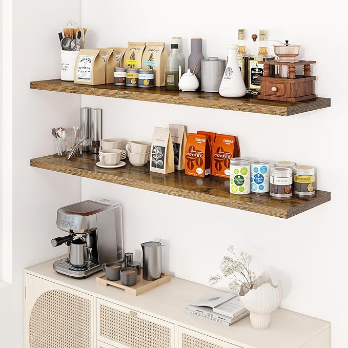 55" Floating Shelves for Wall, 12" Deep Slim Rustic Brown Floating Shelves, Wall-Mounted Shelves for Bedroom, Living Room, Kitchen, Bathroom - Set of 2