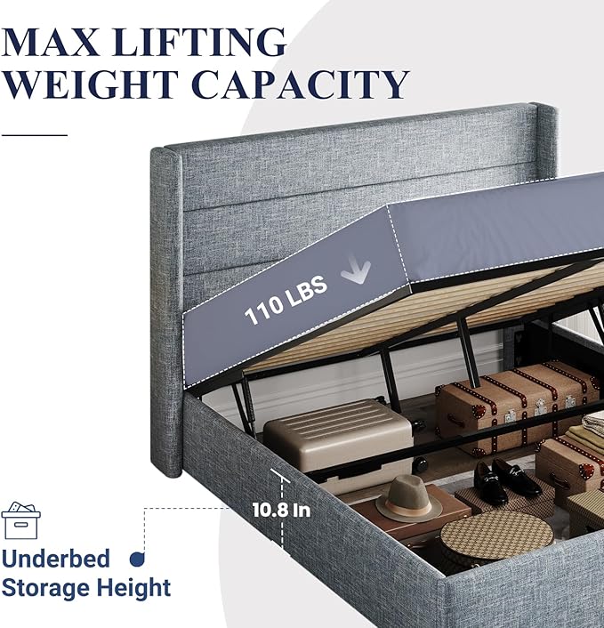 Allewie Queen Size Lift Up Storage Bed, Modern Wingback Headboard, Hydraulic Support, No Box Spring Needed, Grey Blue