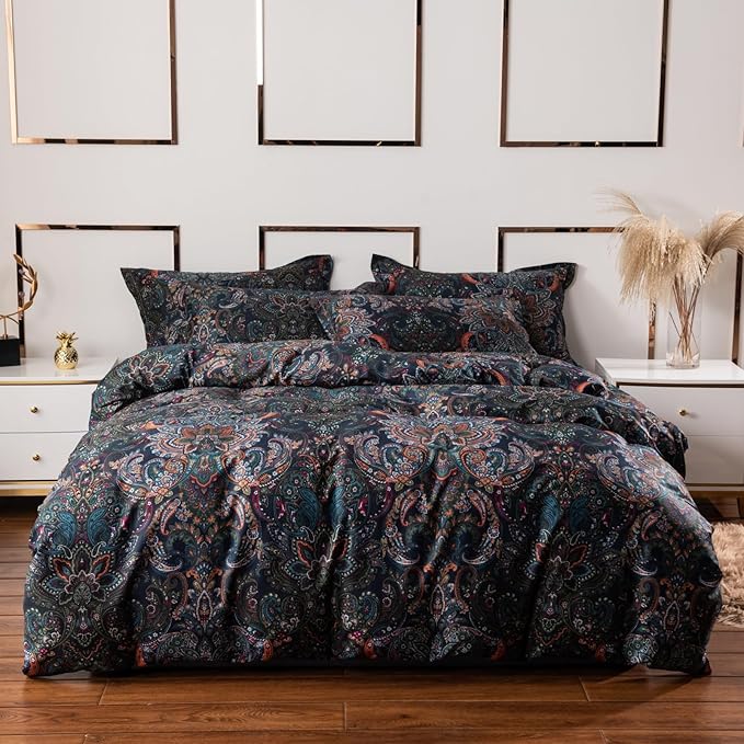 ABREEZE Luxury Vintage Black Duvet Cover Sets Damask Paisley Bedding Set Retro 100% Brushed Cotton Zipper Closure Bedding Collection Full Size