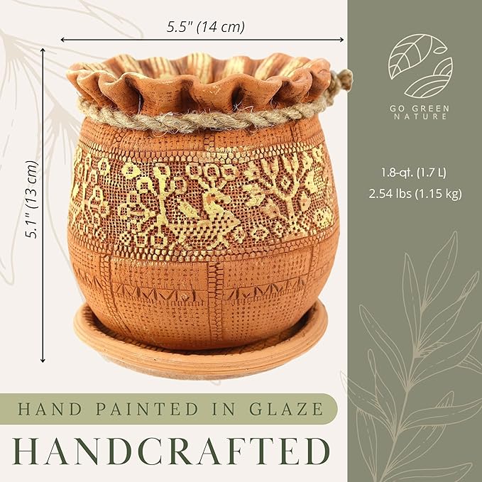 Ceramic Pot with Drainage Hole and Saucer, Plant Pots, Modern Decorative Planters for House Plants Indoor Flowers Plants, Cute Flower Pot - Gifts (Birds (1.7 L))