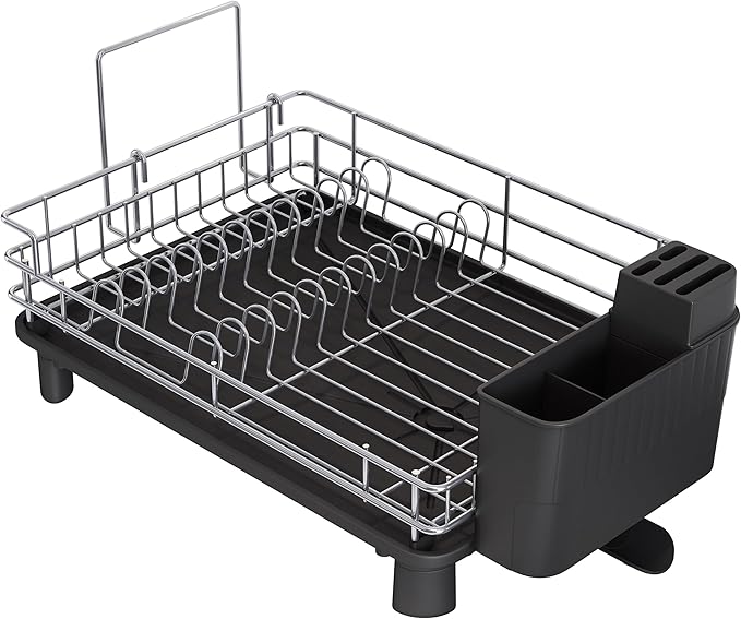 BOOSINY Stainless Steel Dish Drainers Drying Rack for Kitchen Counter with Automatic Drainage, 1 Tier Rust Proof Metal, Space Saving, Modern Aesthetic, Compact Plates Strainers,Gray
