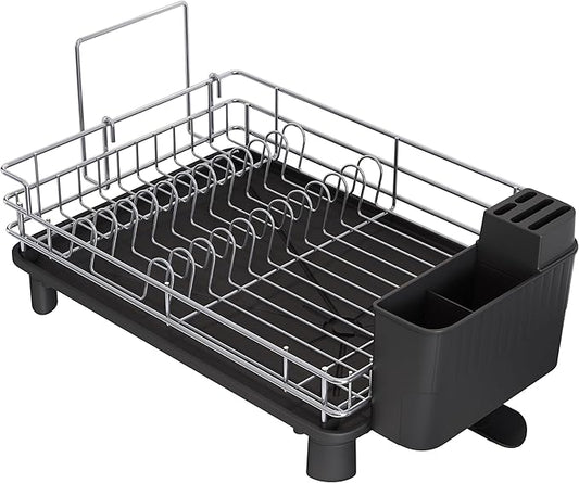 BOOSINY Stainless Steel Dish Drainers Drying Rack for Kitchen Counter with Automatic Drainage, 1 Tier Rust Proof Metal, Space Saving, Modern Aesthetic, Compact Plates Strainers,Gray