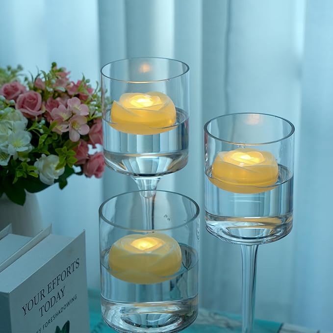 Aignis 12pcs Flameless LED Floating Candles, Ivory Rose Plastic Tealights Battery Operated, 120+ Hours Glow Time, Cozy Light for Romantic Pool/Bathtub/Hot Bath/Wedding Centerpiece Decor(D2.83*H1.42)