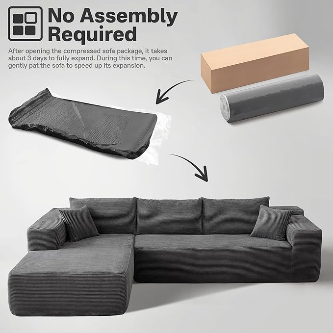 104" Cloud Sectional Couches for Living Room,L Shaped Boneless Couch in A Box,Sleeper Sofa with Comfy Chaise No Assembly Required,Grey