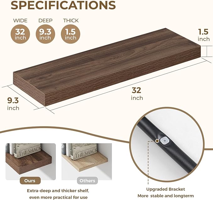 Dreamland 32 Inches Floating Shelves for Wall, 9.3" Deep Long Floating Shelves Set of 2, Large Display & Storage Shelf, Wall Shelf for Bathroom Bedroom Living Room Kitchen Office, Walnut