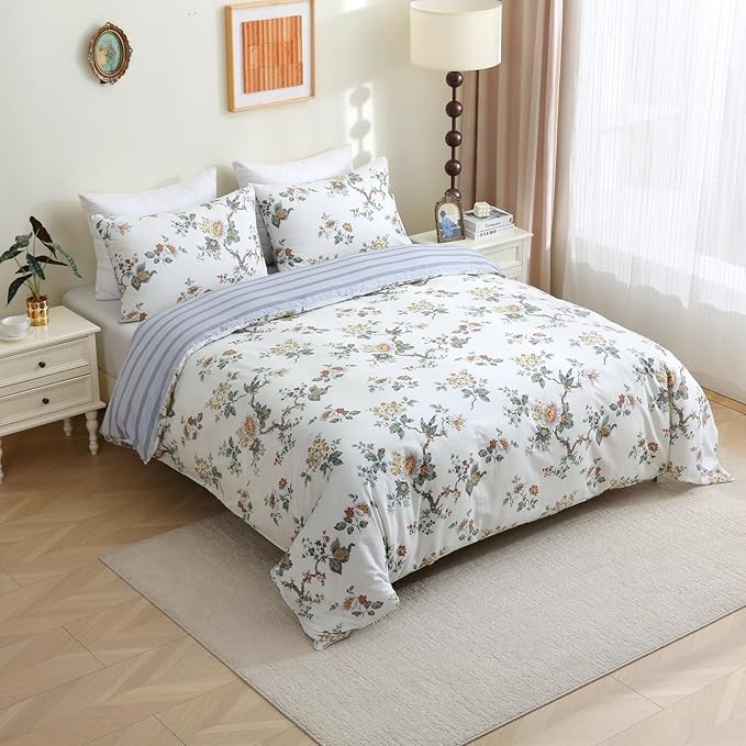 ABREEZE Floral Duvet Cover Queen Size Set Bird Flowers Bedding Set 100% Brushed Cotton Bedding Collection 1 Duvet Cover with 2 Pillowcases White