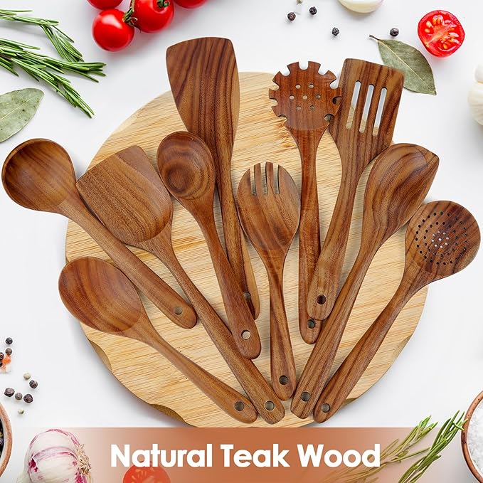 comfoyar Teak Wooden Spoons for Cooking, 10 Pieces Kitchen Cooking Utenails Set with Spatula and Ladle, Heat Resistant Kitchen Cookware for Nonstick Pan