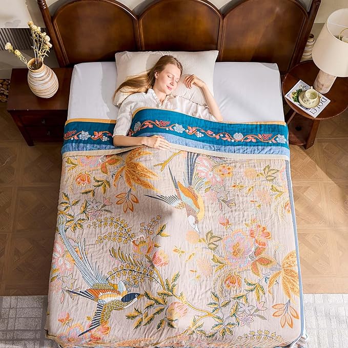 Boho Blanket, 100% Cotton Farmhouse Decorative Throw Blanket, 80"x90" Reversible Bohemian Throw Blanket, Brown All Season Muslin Breathable Woven Blankets Quilt