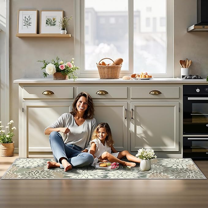 Area Rug 2x6 Brown White Washable Entry Rug Multicolored Tropical Botanical Modern Floral Indoor Kitchen Door Mat Entrance Carpet Non Slip for Bedroom Living Room, Porch