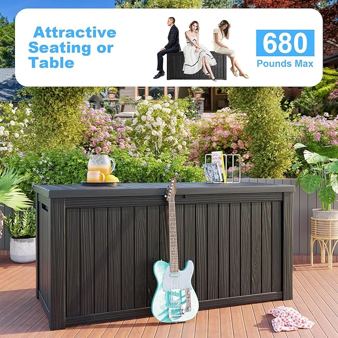 180 Gallon Deck Box,Resin Outdoor Storage Box with Lockable for Patio Furniture, Pool Accessories, Garden Tools Waterproof Outside Storage Box, Black