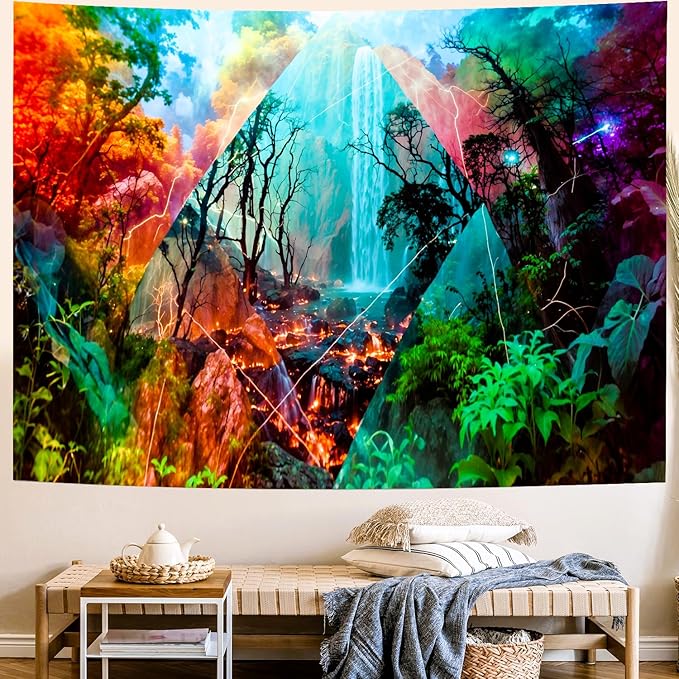Delur Forest Tapestry Waterfall Mountain Rainforest Sunset Nature Tree Tapestry Wall Hanging Scenic Tropical Landscape Natural Sunrise Headboard for Bedroom Living Room Home Decor (59.1" x 78.7")