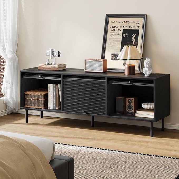 59 Inch TV Stand with Power Outlet for TVs up to 65 Inch, Entertainment Center with Storage, Mid-Century Modern TV Console, Adjustable Shelf & Sliding Doors, TV Stand for Living Room, Bedroom, Black