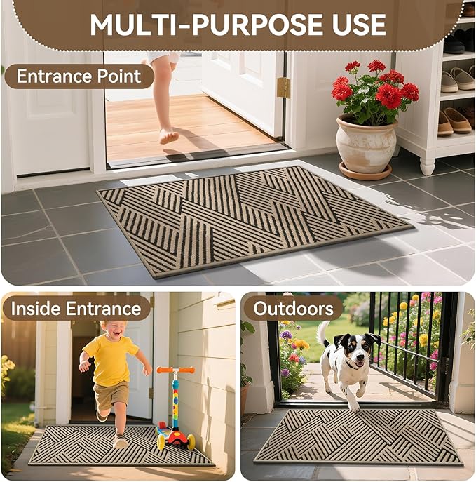 Front Door Mat Outside Entrance, Non Slip Rubber Backing, Trap Dirt and Moisture, Easy Clean Low Profile Welcome Floor Mats for Patio Porch Indoor Outdoor Entry Mat, 24x35 Inch, Brown