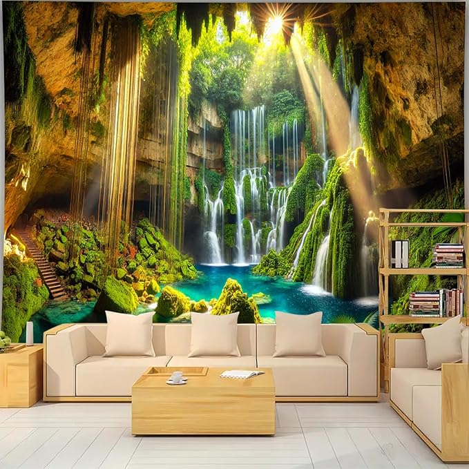 BSFHH Nature Tapestry Forest Tree Sea Cave Wall Hanging, Stream Through Rainforest Landscape Wall Art Tapestry for Bedroom Living room (Cave Waterfall, 110" × 87", Unframed)