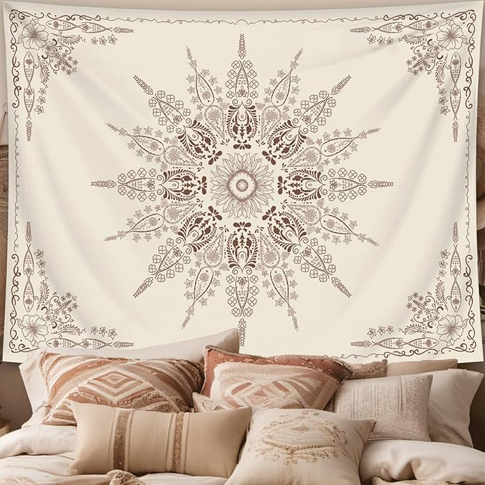 FORATER Floral Bohemian Tapestry, Flower Aesthetic Indian Wall Hanging Boho Tapestries Mandala Room Decor Tapestry for Bedroom Living Room Dorm (Flaxen, 82L x 61W)