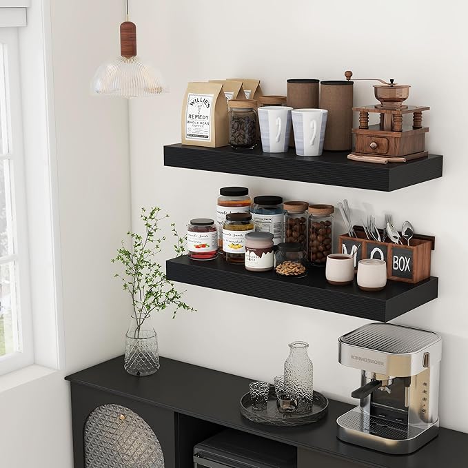 Deep Floating Shelves for Wall | 30W x 12D Black Floating Shelves Set of 2 | 12 Inch Deep Wall Shelves for Living Room Bathroom Laundry Room Bedroom Kitchen Home Office - Black