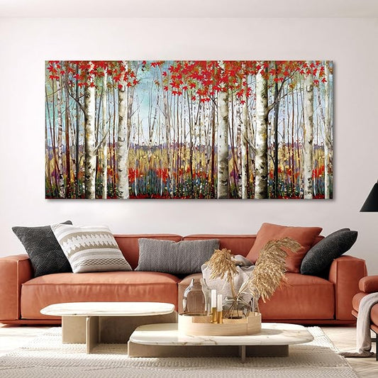 Canvas Wall Art for Living Room Bedroom Modern Wall Decor of Red Leaves White Birch Tree Forest Giclee Print Painting Artwork Wall Decoration 24x48 Large Size with Wood Framed Easy to Hang for Home