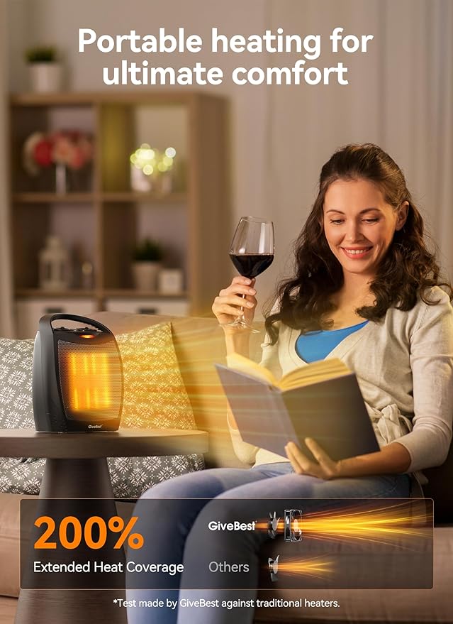 GiveBest Portable Electric Space Heater, 1500W/750W Ceramic Heater with Thermostat, Heat Up 200 Square Feet in Minutes, Safe and Quiet for Office Room Desk Indoor Use