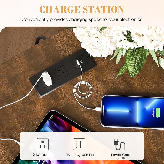 Apicizon Side Table, Farmhouse End Table with Charging Station and Storage Cabinet, 17'' Bedside Table with Drawers, Rustic Small Coffee Table for Living Room, Bedroom