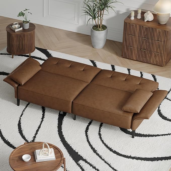 89” Futon Sofa Bed, Faux Leather Futon Couch Bed with 2 Square Pillows, Convertible Sleeper Sofa with Adjustable Backrest& Armrests, Modern Loveseat Sleeper for Living Room, Bedroom, Brown