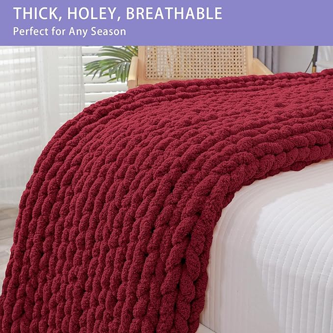 Bigacogo Chunky Knit Throw Blanket for Couch, 51x63 inches, 100% Hand Knitted with Thick Jumbo Chenille Yarn, Cozy Soft Large Rope Knot Cable Crochet Blankets for Sofa Bed Living Room, Red