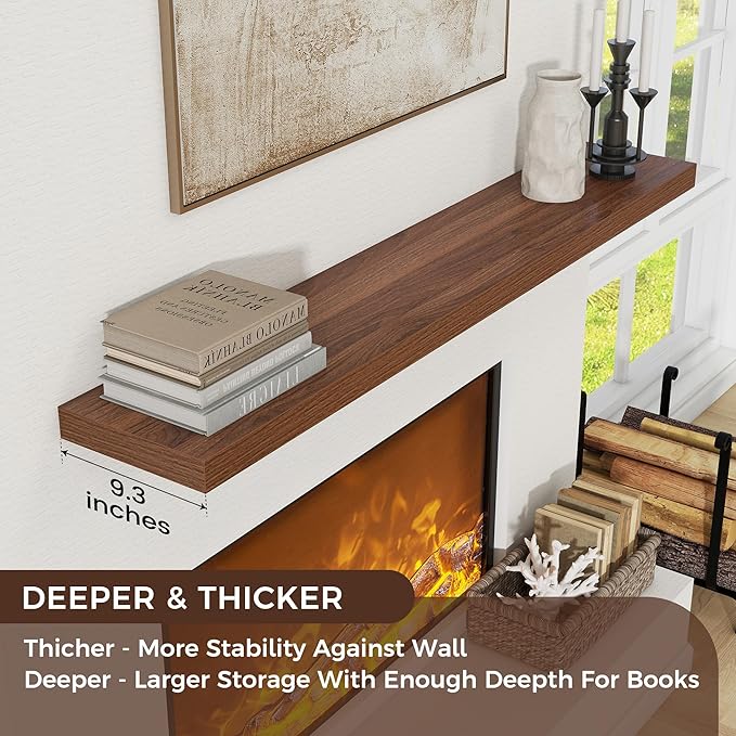 Floating Shelves for Wall, Large Wall Mounted Shelves with Invisible Brackets, Long Wood Floating Shelf for Living Room, Bedroom, Kitchen, (Walnut, 72" W x 9" D x 1.5" H)