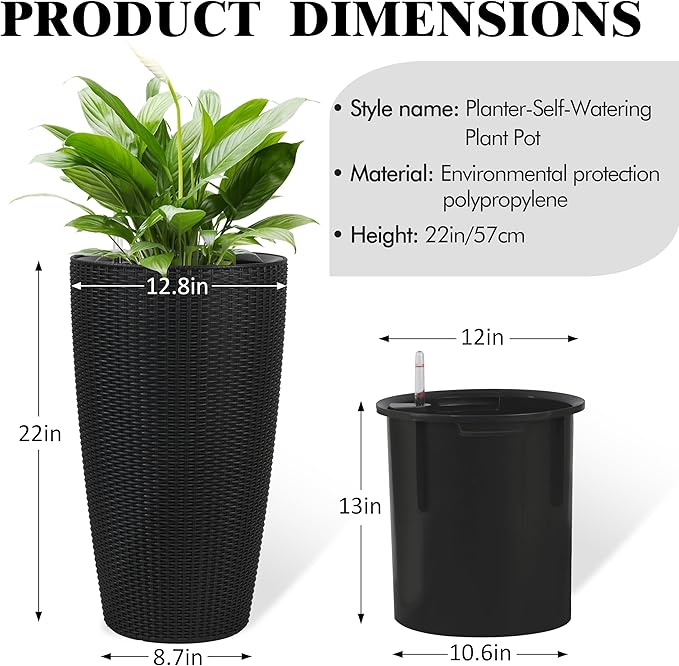 2Pack 22" High Modern Plant Pots Planter-Self-Watering Indoor/Outdoor Planting with Drain Holes, Water Level Monitor, Inner Bucket for Front Porch Patio, Black Rattan Conical