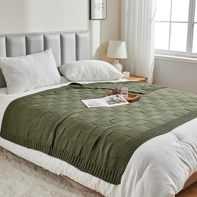 CozeCube Check Knit Throw Blanket, Olive Green Checkered Throw for Couch, Decorative Christmas Soft Cozy Warm Knitted Blanket for Bed Sofa Living Room, 50"X60"