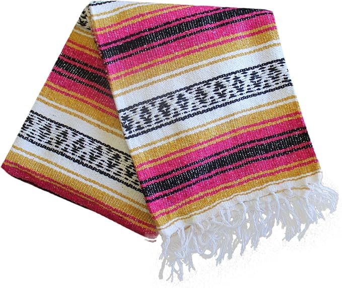 Del Mex Classic Mexican Blanket, Large Authentic Woven Falsa Throw (70"x50"), Artisan Southwest Décor for Beach, Yoga, Outdoors (Gold/Fuchsia)