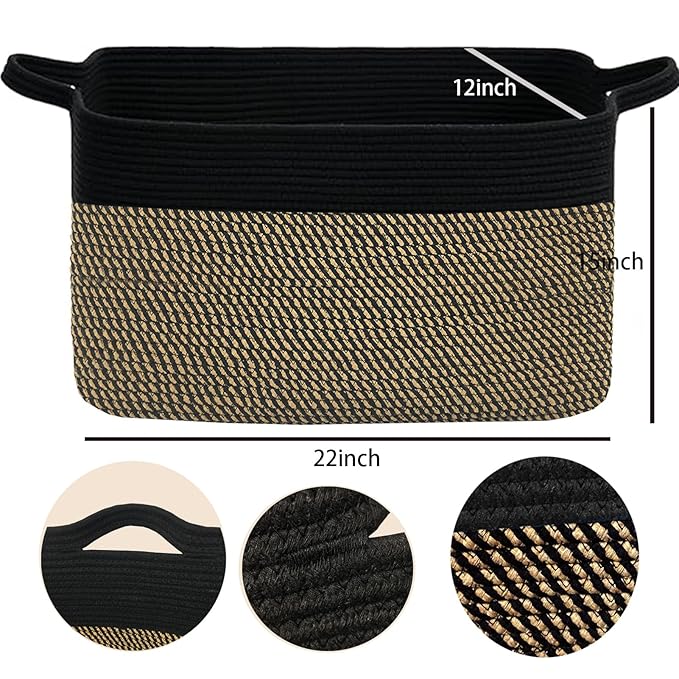 COMFY-HOMI Large Rectangular Blanket, Cotton Rope Woven for Storage, LaundryHamper, Storage,Toy Organizing Bin with Handle, Organizer and Storage-22x15x12-Black/Jute