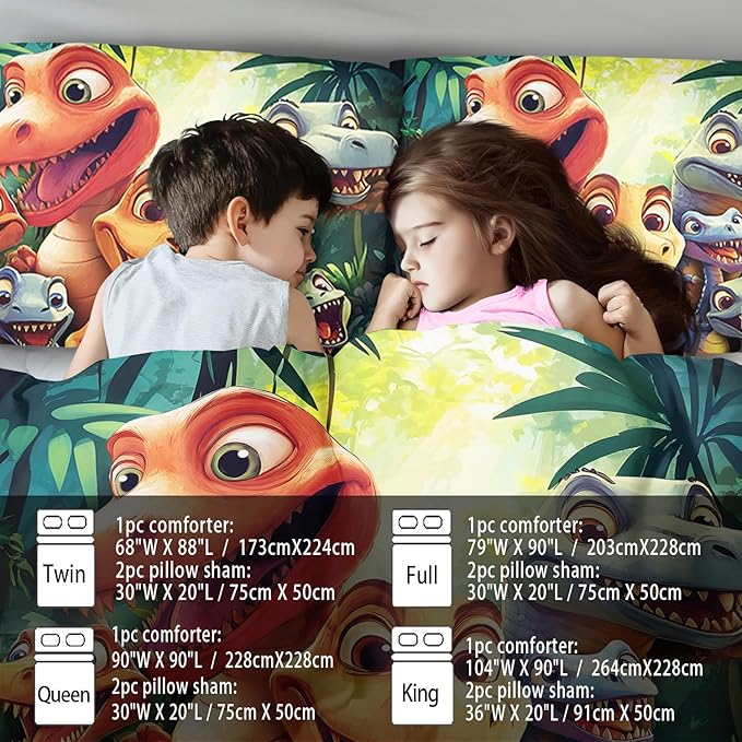 Dinosaur Comforter Set Queen Boys,Cartoon 3D Dinosaur Bedding Set Queen Bed Kids,3D Dragon Comforter Dragon Quilt Pattern Bedroom Decor,Cute Animal Bedding Kawaii Animal Quilt Girls