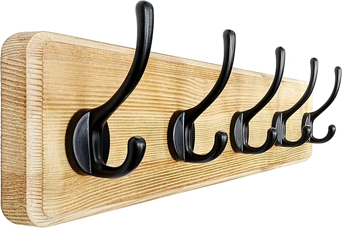 Dseap Coat Rack Wall: Patented, Heavy-Duty, 5-Double-Hooks Wooden Wall Mounted Coat Rack Coat Hanger Hook Rail for Winter Coats Hat Jacket Clothing, Light Brown