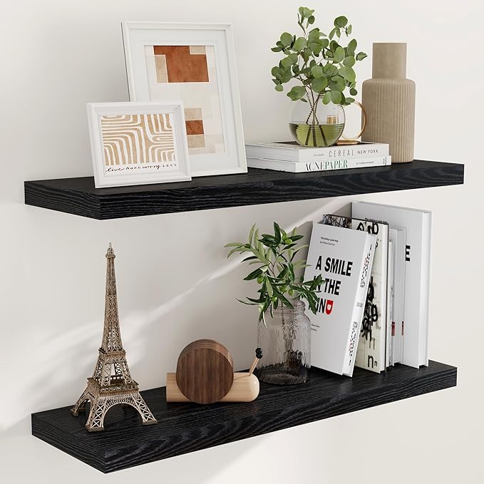 Fun Memories Black Floating Shelves 36 Inch Long, 9 Inch Deep Wall Shelves Set of 2, 36 x 9 Floating Shelf for Wall, Rustic Wood Floating Shelves for Kitchen, Living Room, Bedroom
