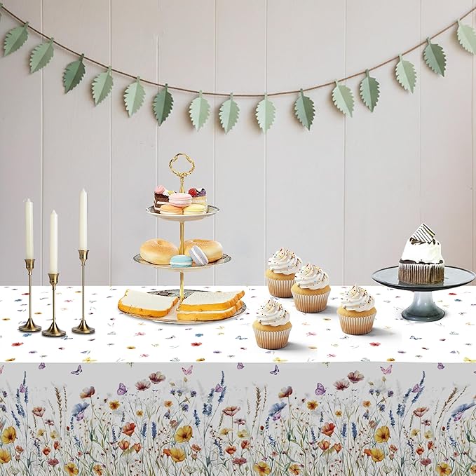 Floral Tablecloth 4 Packs 54x108 Inch - Butterfly Spring Wildflower Plastic Table Cover for Wedding Decorations Easter, Baby in Bloom Showers & Mother's Day Tea Parties Disposable Rectangle Tablecloth